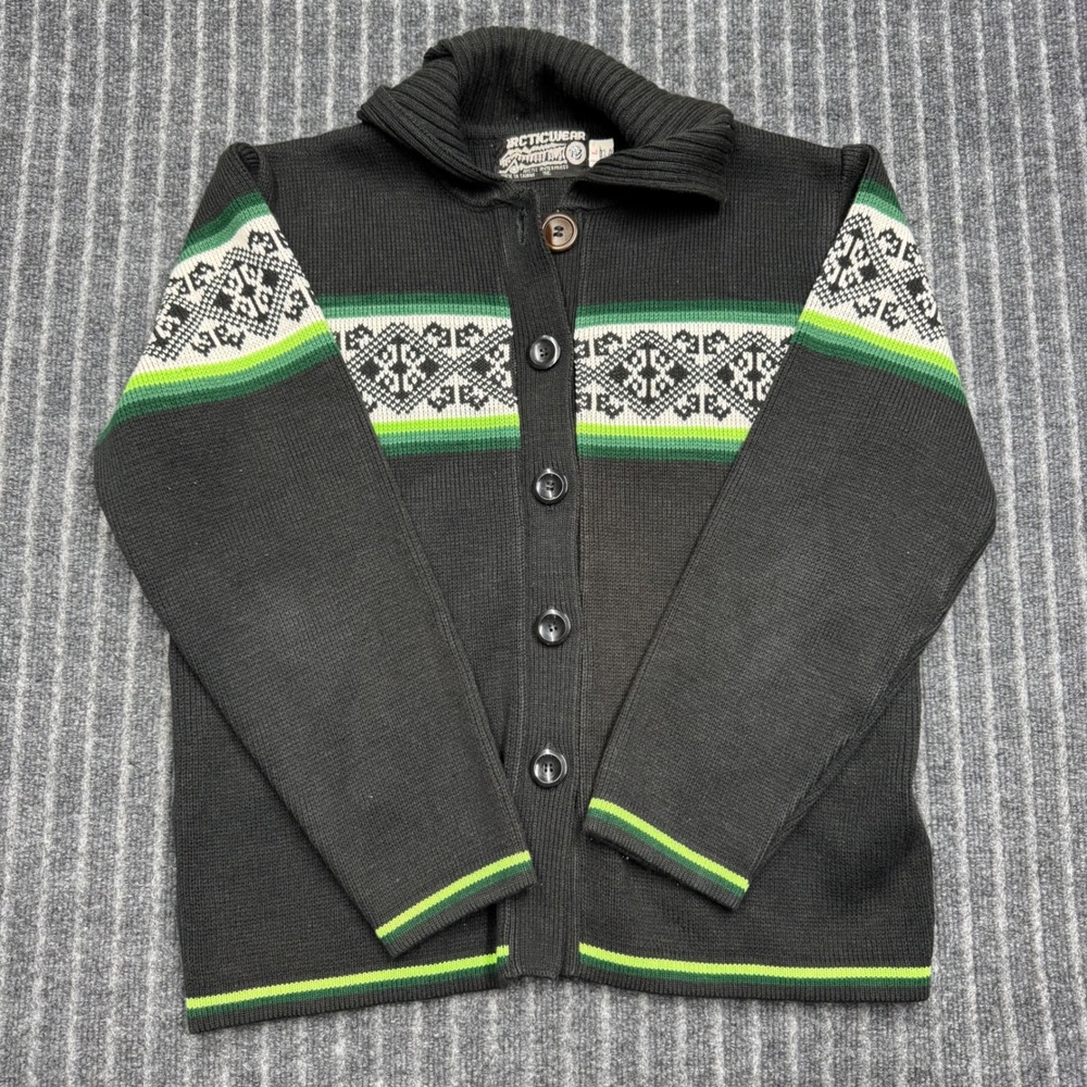 Arcticwear Cardigan Sweater Large Black Fair Isle Vintage Button Shawl (2206)